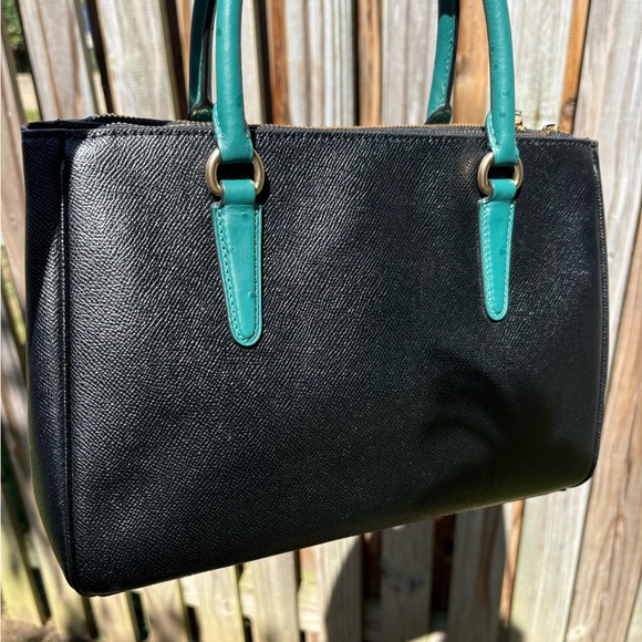 Coach Surrey Carryall Black Satchel w/ Ostrich Embossed Teal Leather Handles - Picture 7 of 15
